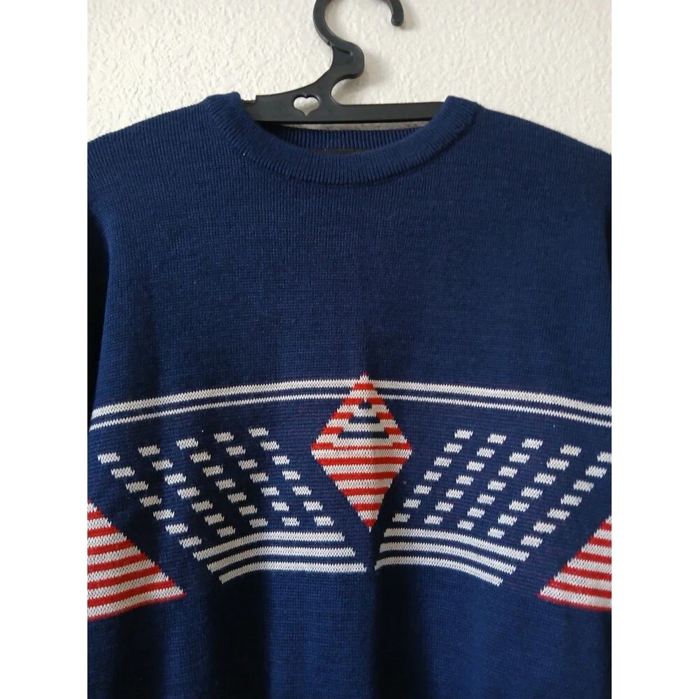 Ossi‎ Skiwear Mens Blue Geometric Knit Sweater Retro Ski Acrylic Wool Size L